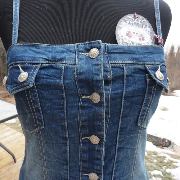 QUIRKY JOE BROWN GOTH PRAIRIE BUTTON FRONT MINI JEANS DRESS GYPSY BOHO 14 16 - Picture 7 of 8